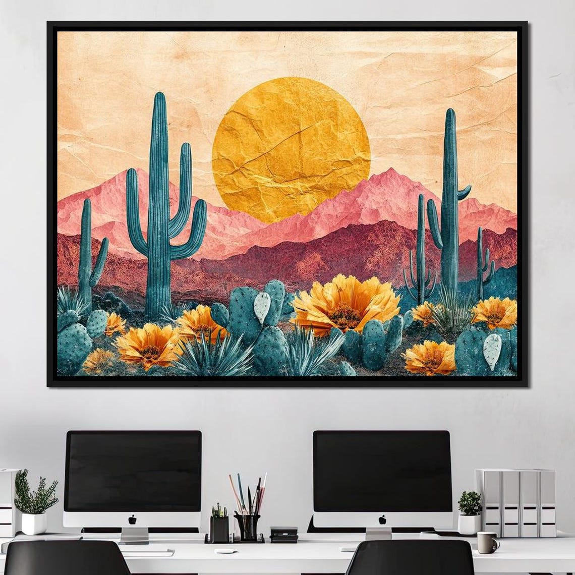 Desert Sunset Saguaro Cacti Blooming Flowers Mountain View Poster - Image 2