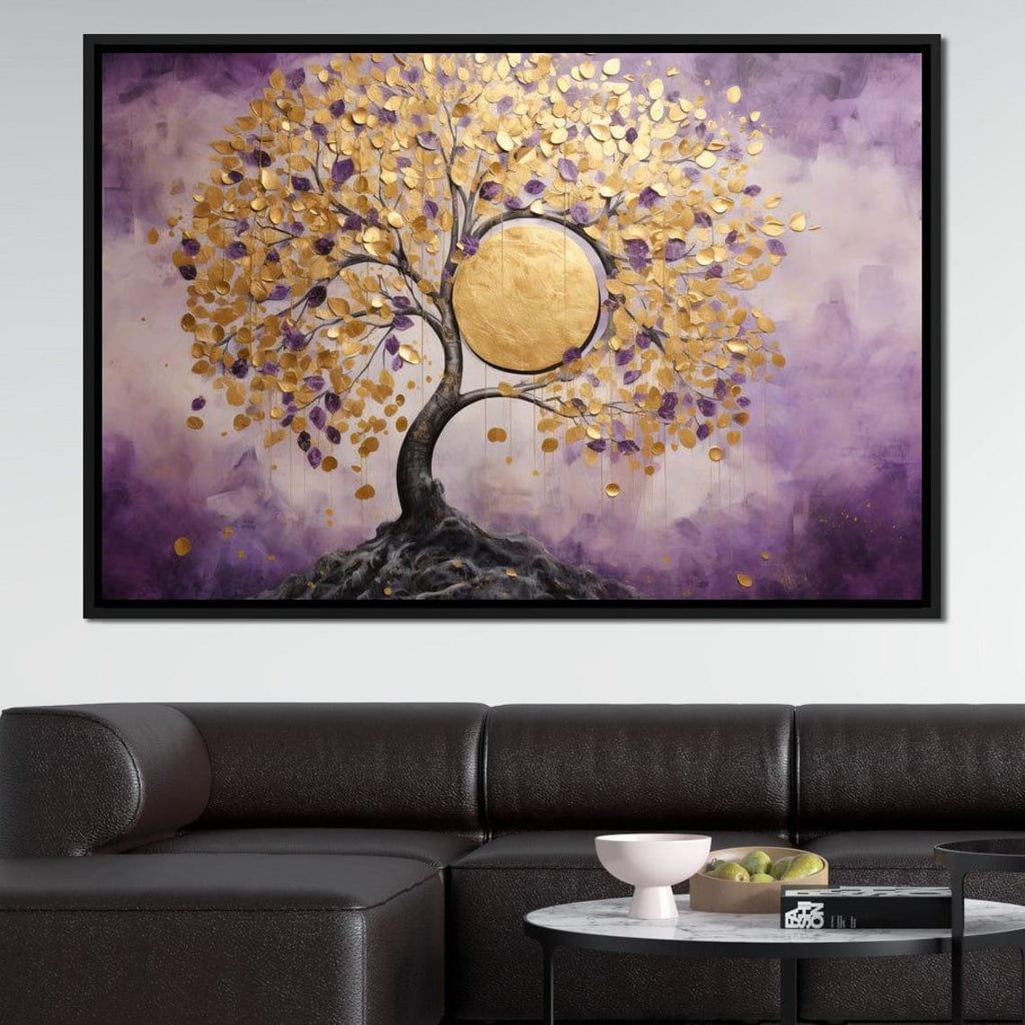 Golden Coin Tree Purple Sky Full Moon Dreamy Boho Style Art Print - Image 3