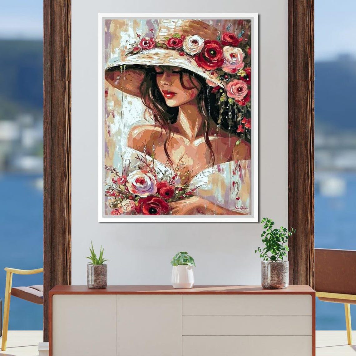 Woman Rose Covered Straw Hat Red Pink Roses Floral Art Print - Image 2