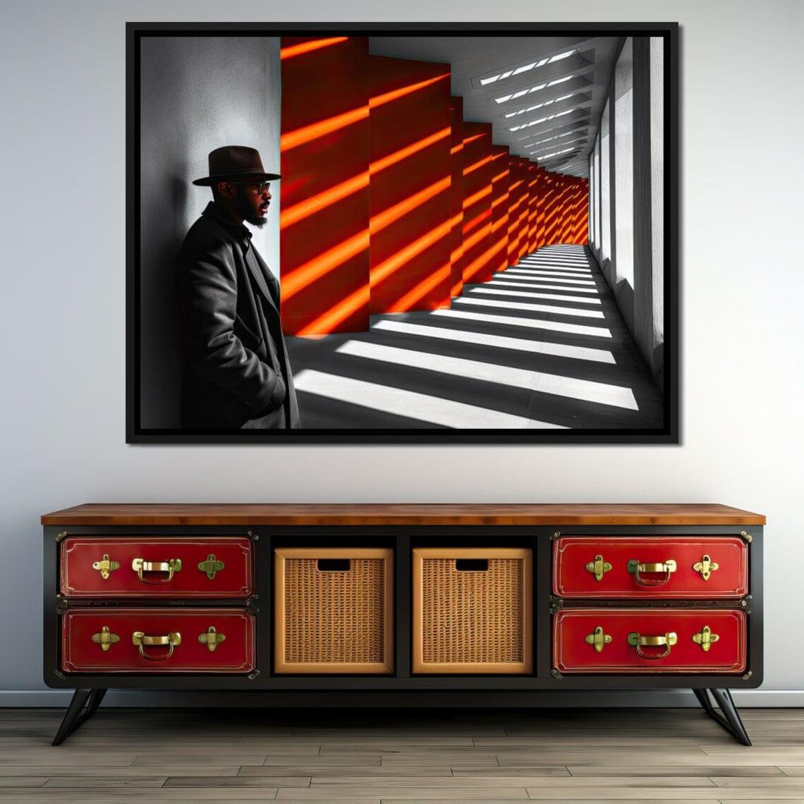 Man In Hat Red Light Shafts Urban Corridor Cinematic Street Art Poster - Image 3