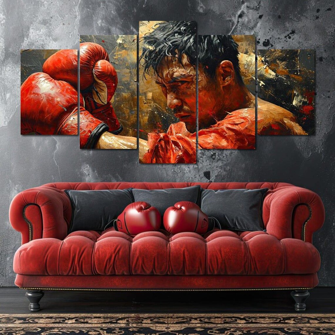 Boxer Red Gloves 5 Panel Canvas Fighter Oil Painting Sports Gym Art - Image 4