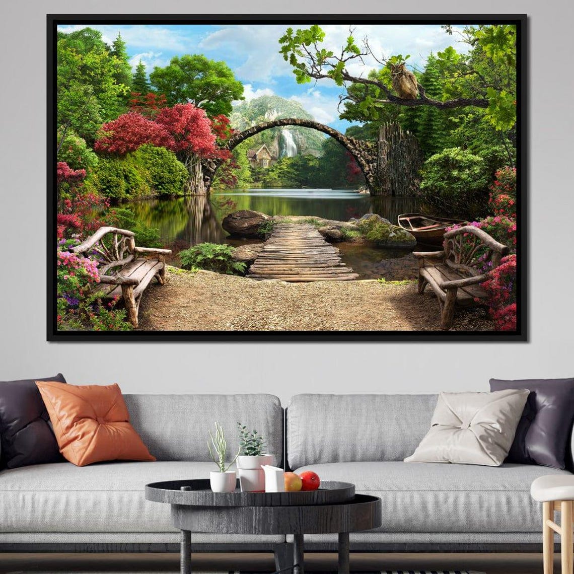 Stone Bridge Serene Landscape Wall Art Nature Scene Lakeside Decor Peaceful View Garden Decor Multicolor By Nichecanvas - Image 3