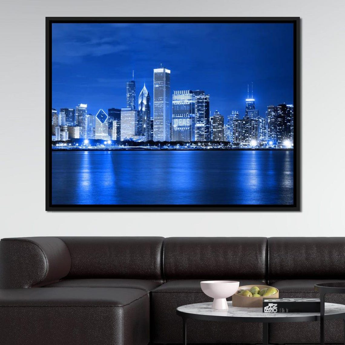 Chicago Skyline Blue Night Lake Reflection Downtown Lights City Poster