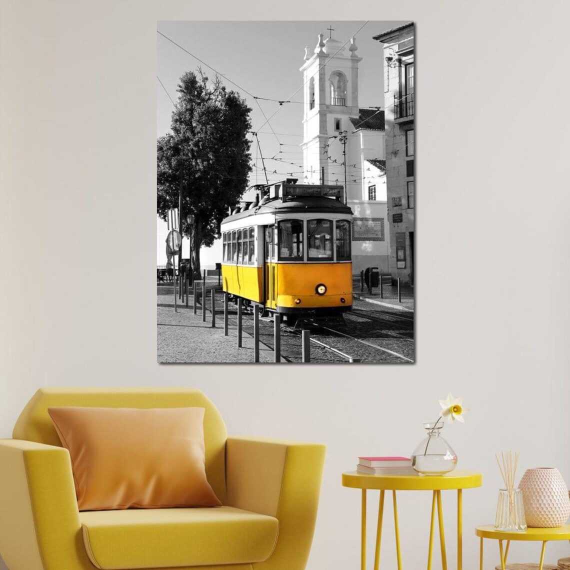 Yellow Lisbon Tram Selective Color With Church Tower Travel Art Poster - Image 4