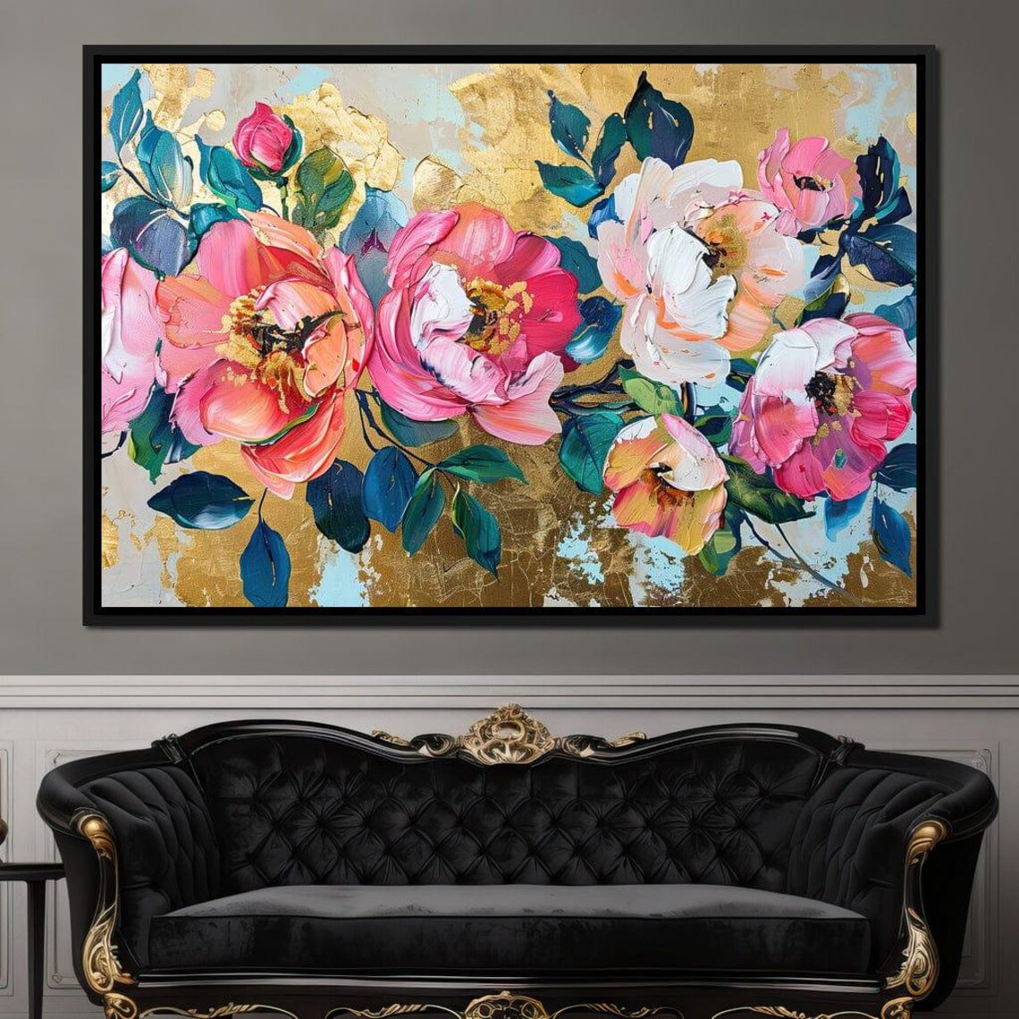 Golden Pink Peonies Gold Leaf Floral Painting Lush Blooms Wall Art - Image 4