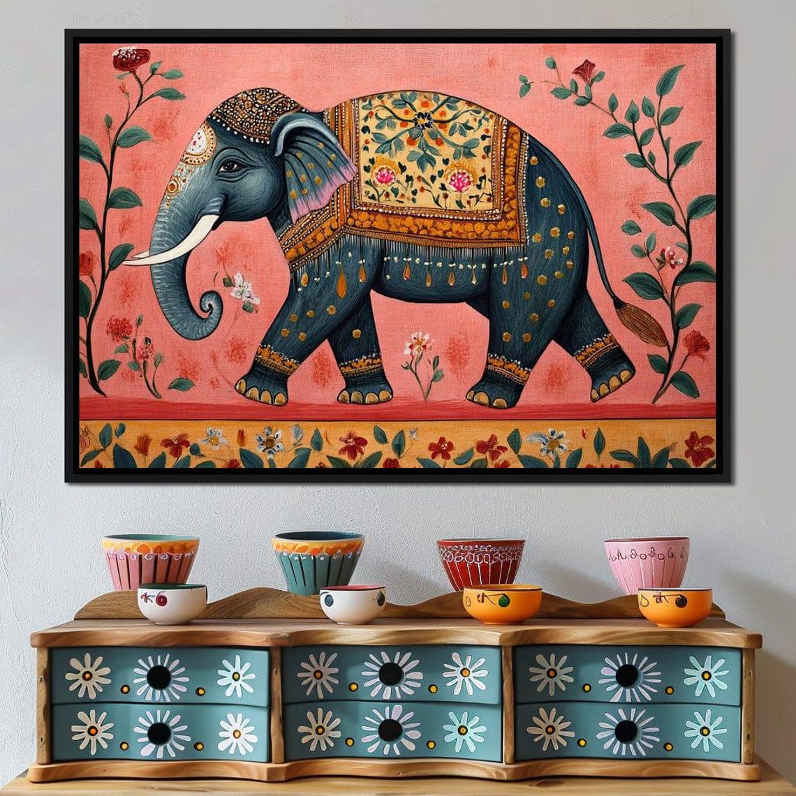 Coral Pink Elephant Gold Dots Ornate Traditional Floral Boho Poster