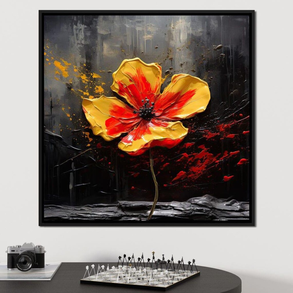 Amber Noir Blossom Burst Golden Flower Dark Splatter Art Poster - Image 2