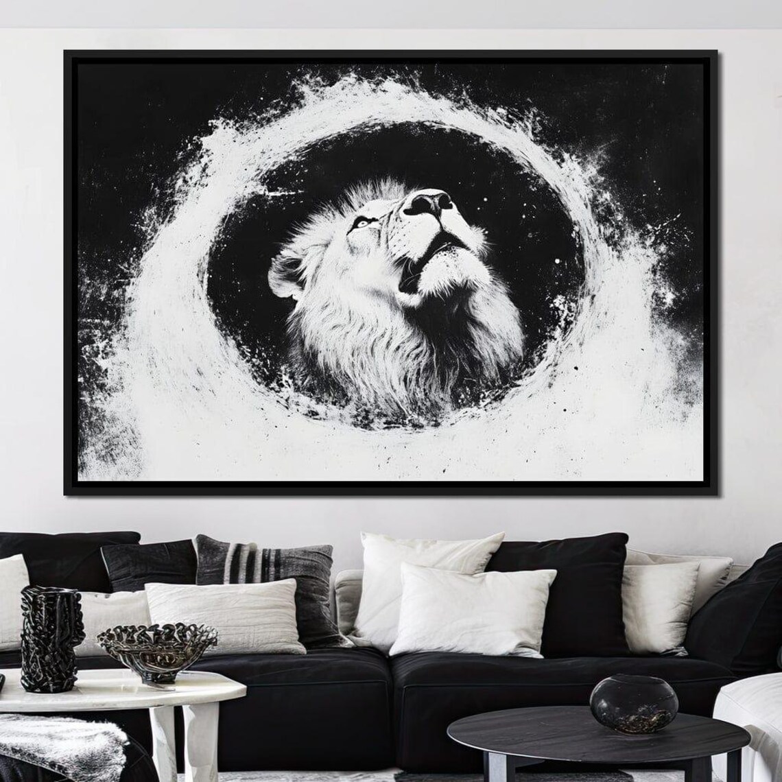 Lion Looking Skyward in a Black and White Water Splash Swirl Poster