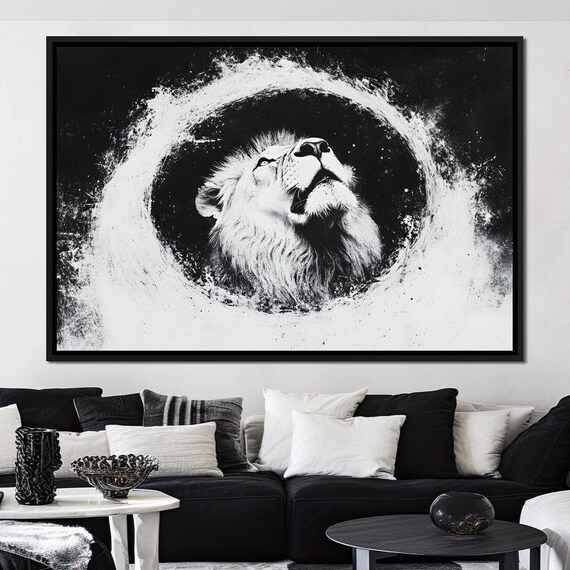 Lion Looking Skyward in a Black and White Water Splash Swirl Poster