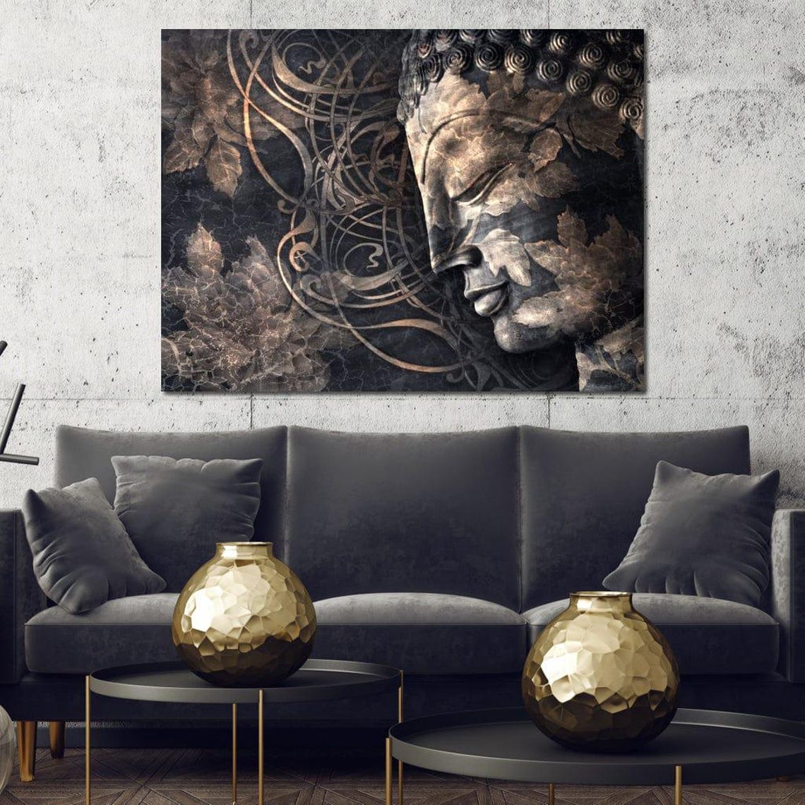 Buddha Serene Profile Bronze Leaf Motifs Dark Zen Wall Art Poster - Image 3