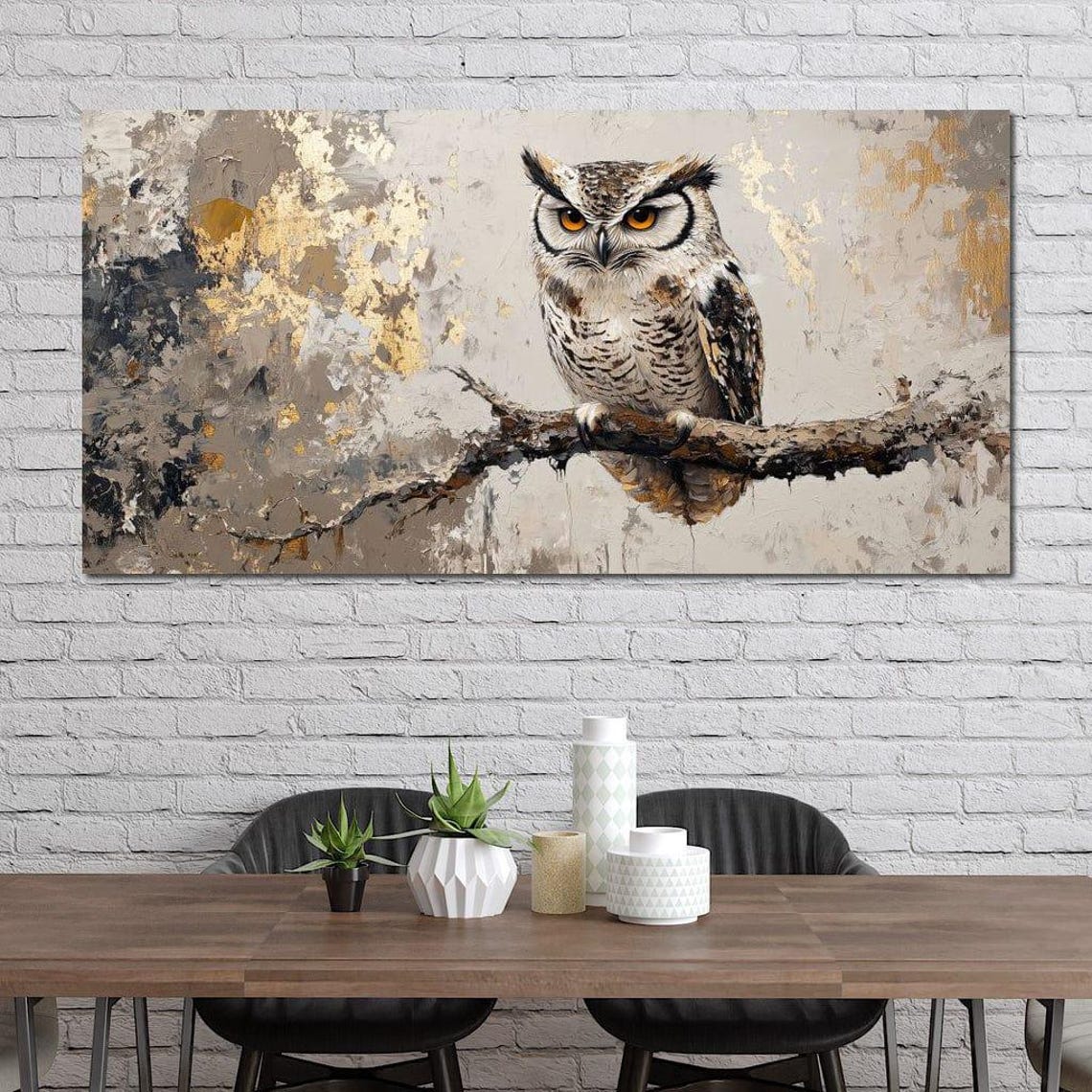 Horned Owl Piercing Eyes Gnarled Branch Beige Gold Abstract Poster - Image 2