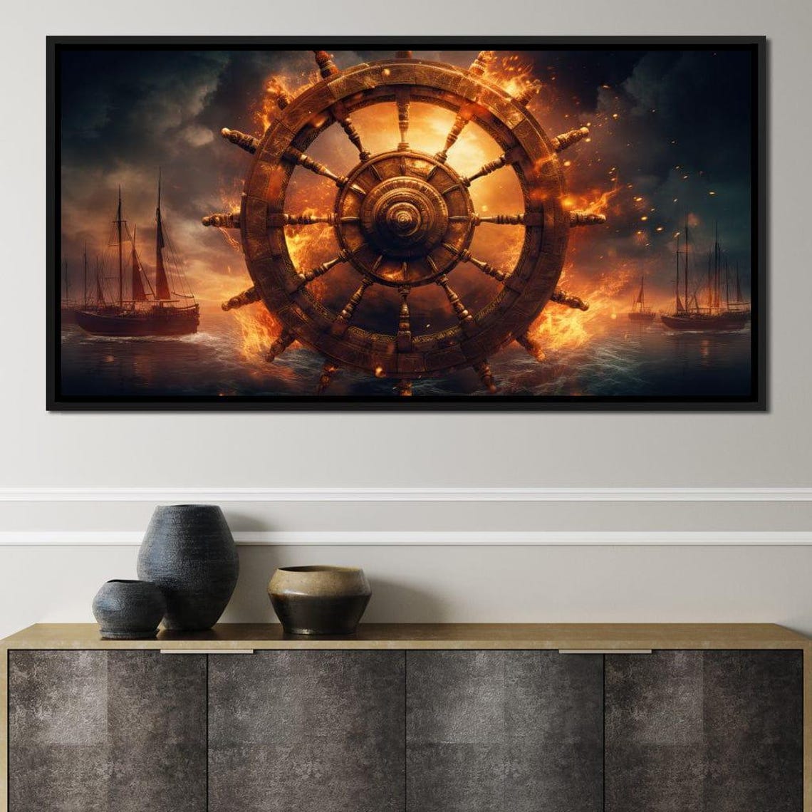 Burning Ships Wheel Fiery Ocean Storm Nautical Fantasy Wall Poster