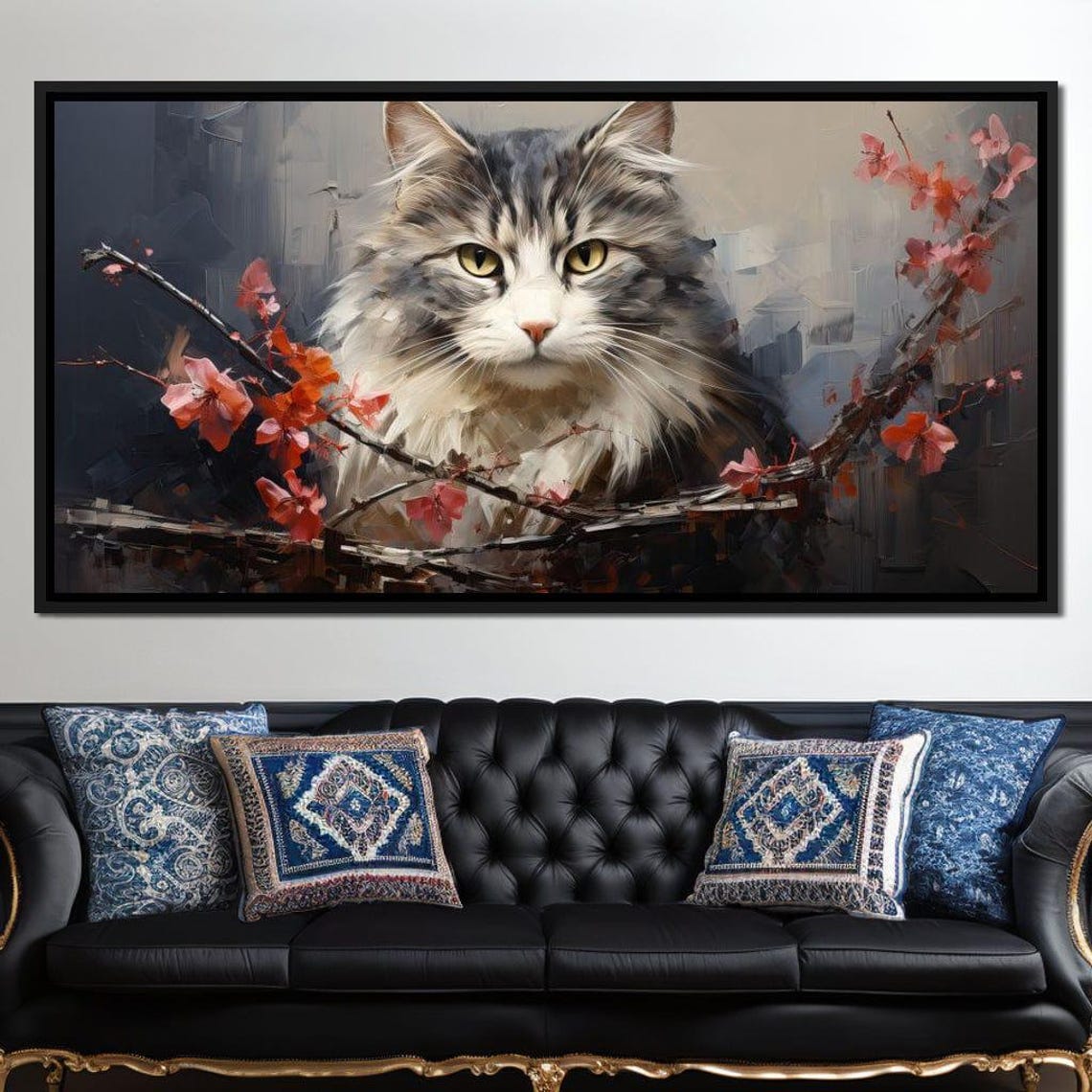Fluffy Grey Tabby Cat Among Blossom Branches Feline Wall Art Poster