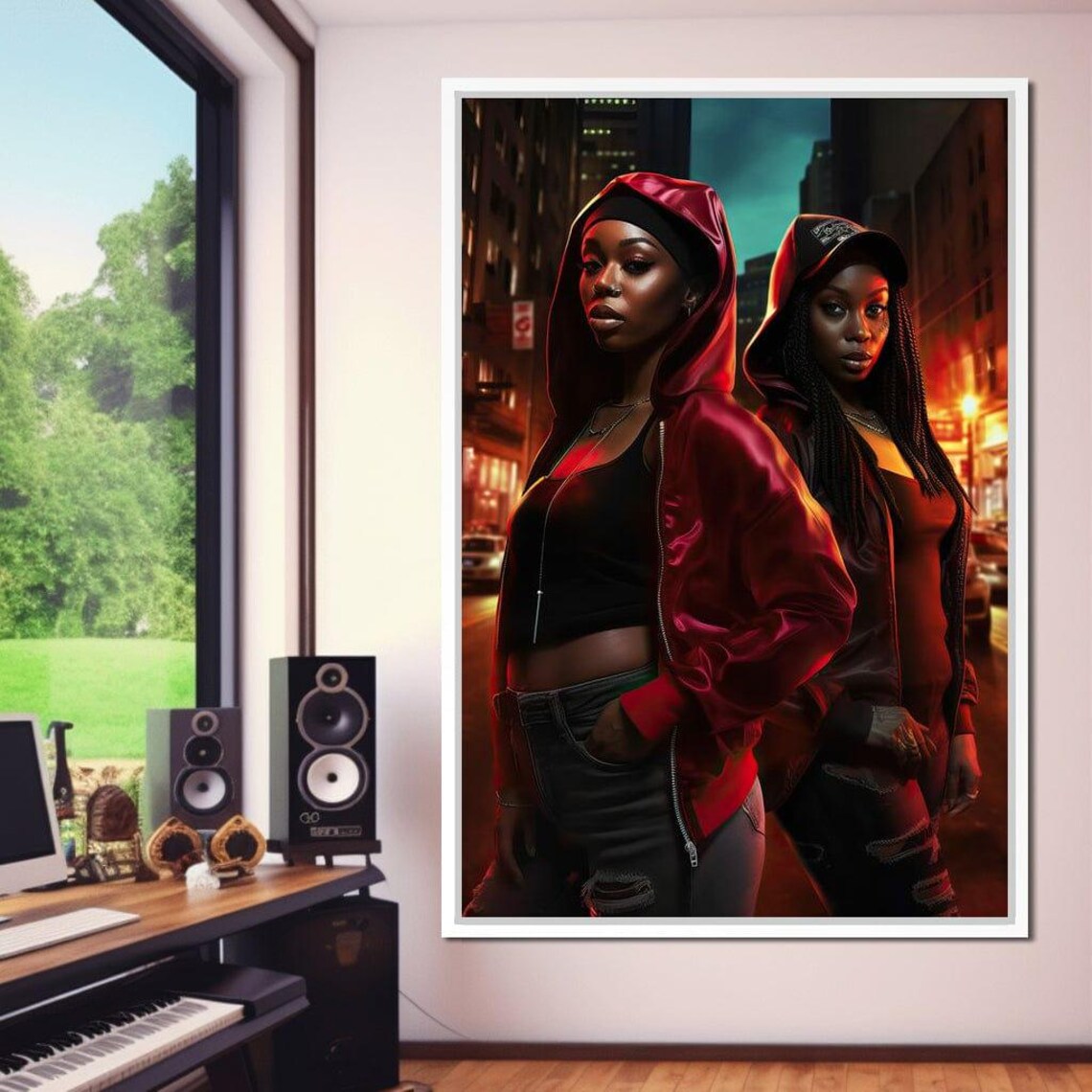Urban Street Style Women Red Hoodie Night City Portrait Wall Art - Image 2