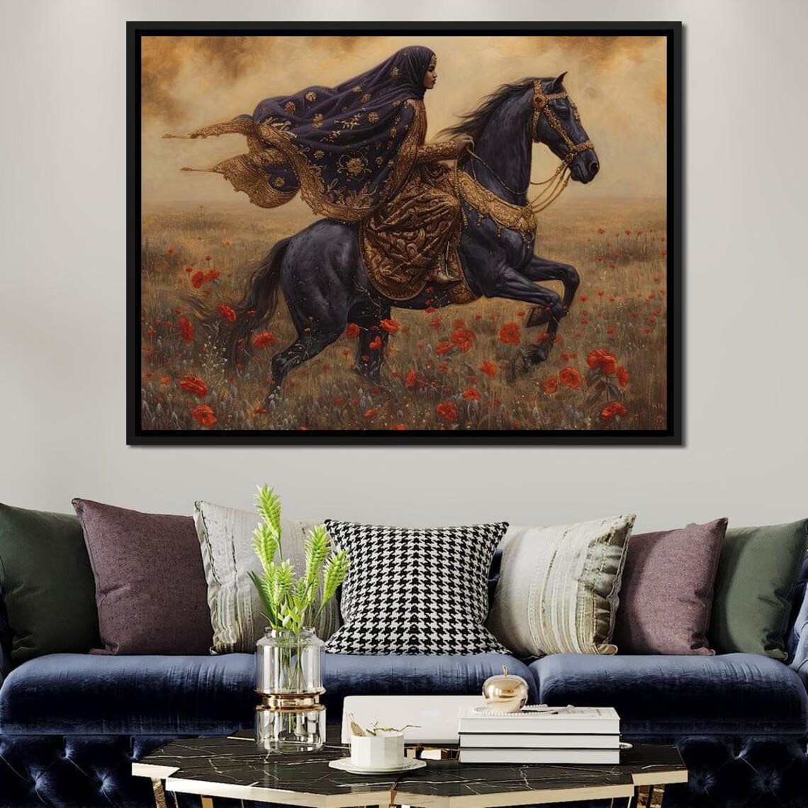 Poppy Field Rider Woman On Black Horse Golden Haze Equestrian Poster - Image 2