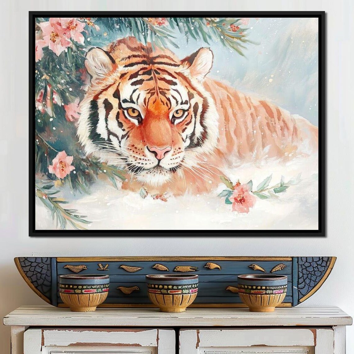 Majestic Tiger Resting In Snow Among Pine Branches And Pink Blossoms Poster - Image 4