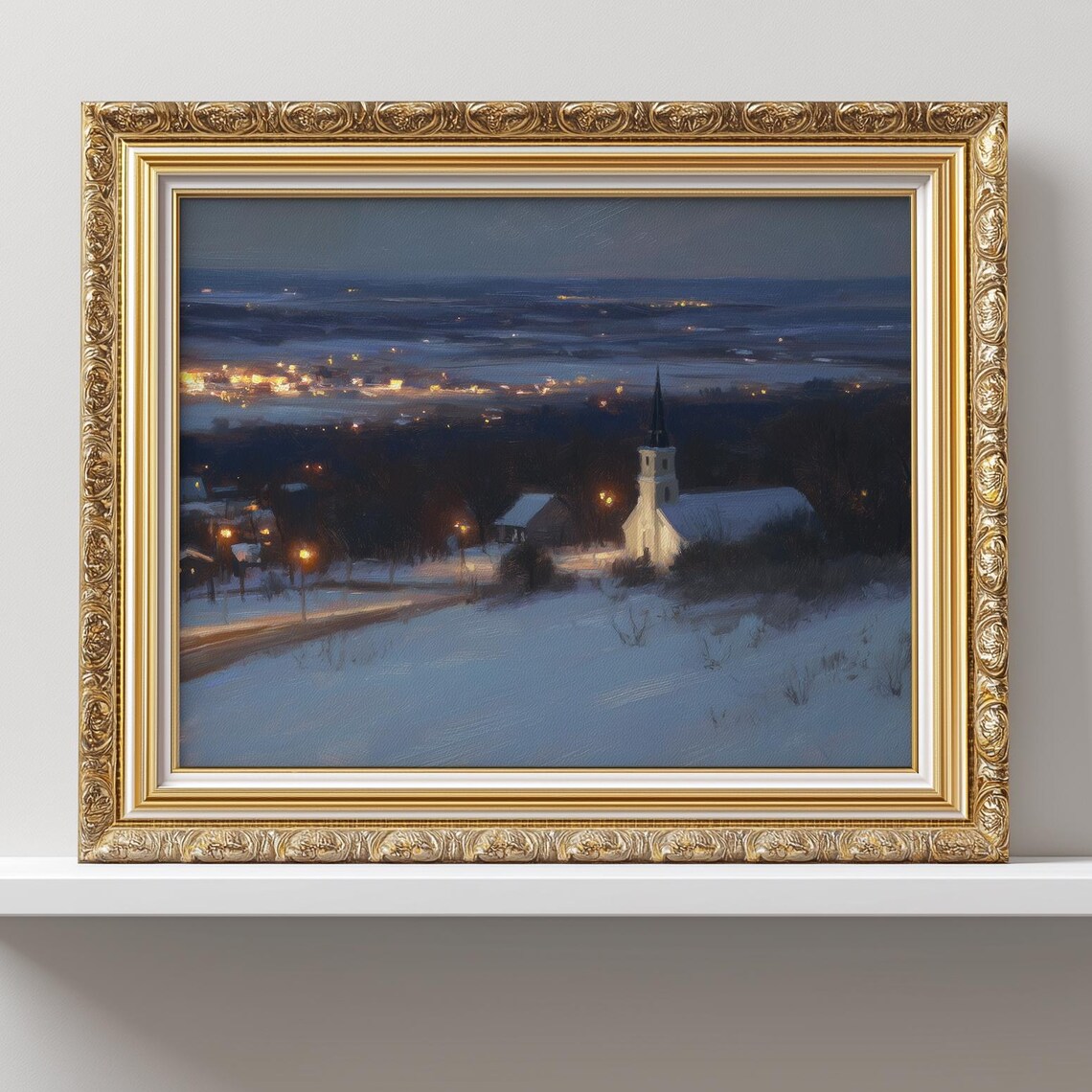 Moody Twilight Christmas Village Blue Vintage Church Town Art Poster