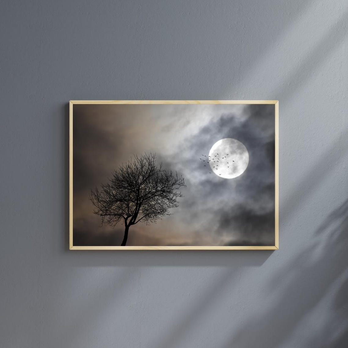 Full Moon Over Silhouette Tree Birds Flying Twilight Sky Photo Poster