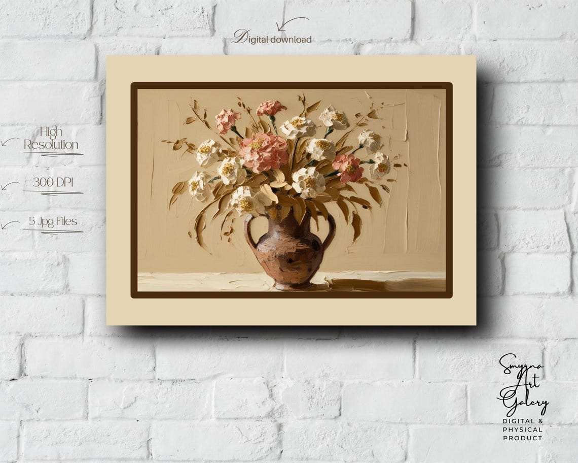 Vintage Floral Still Life Beige Vase Blush Roses Rustic Wall Art