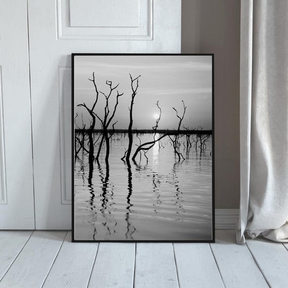 Black And White Nature Wall Art Minimal Landscape Print With Water Reflections Sunset Tree Silhouette Poster For Modern Decor