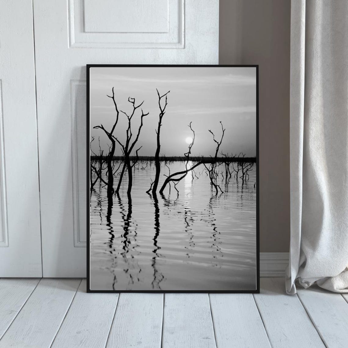 Bare Trees Still Lake Reflection Black White Minimal Nature Poster