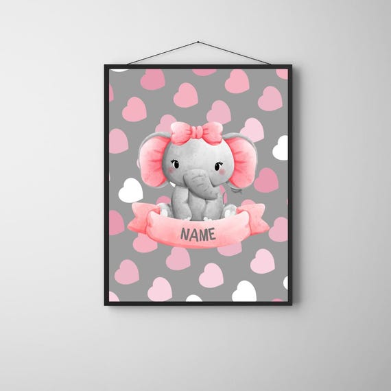 Custom Elephant Girl Name Print Pink Bow Nursery Art Personalized Baby Wall Decor Heart Background