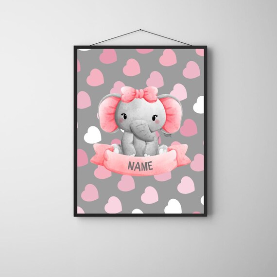Personalized Pink Elephant Nursery Poster Custom Name Bow Baby Girl Art