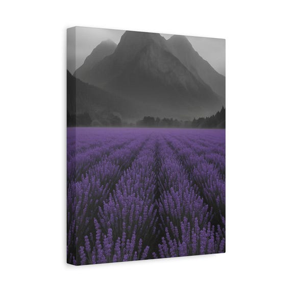Lavender Field Wall Art Moody Mountain Landscape Poster With Purple Floral Rows Minimal Nature Photography For Serene Interior Dcor