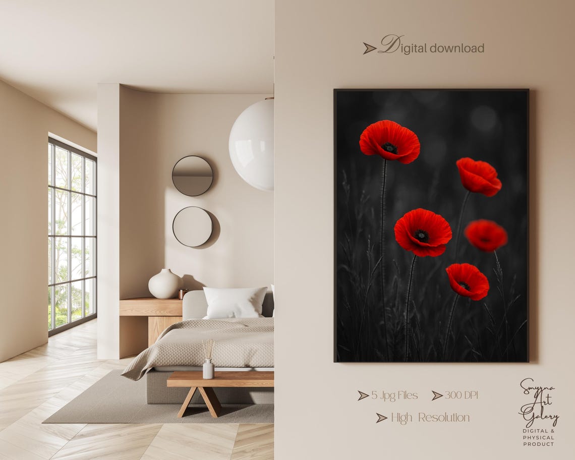 Red Poppies Black Background Dramatic Floral Photo Art Poster