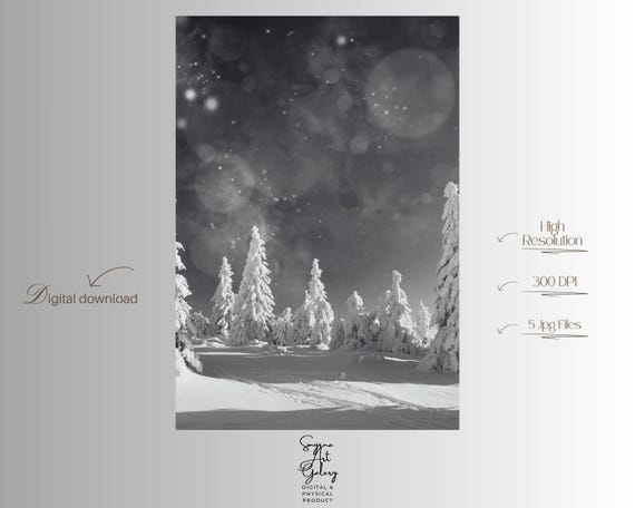 Snowy Winter Forest Night Wall Art Starlit Monochrome Landscape With Frosted Pine Trees Calm Nordic Home Decor