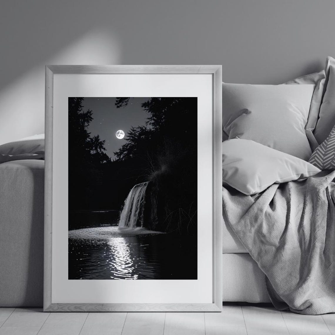 Moonlit Waterfall Night Black And White Landscape Photo Poster