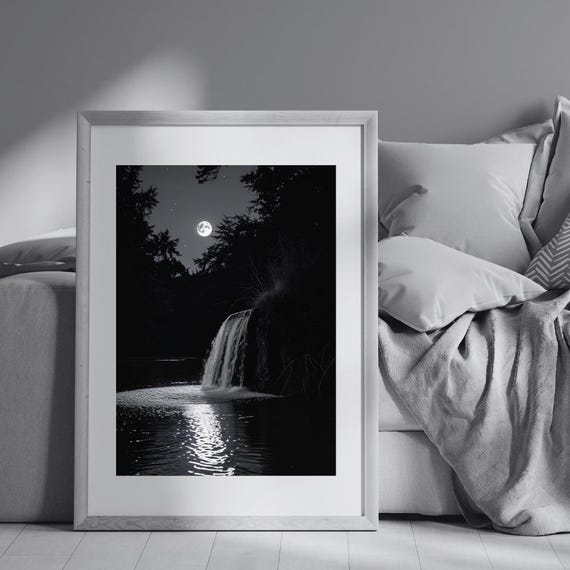 Moonlit Waterfall Wall Art Black And White Night Nature Tranquil Landscape Poster Full Moon Narrative