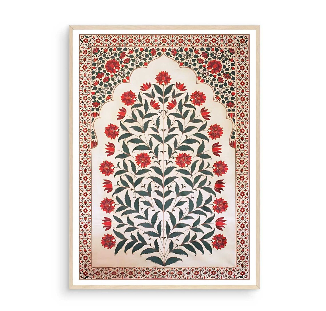 Traditional Indian Mughal Floral Jaal Red and Green Folk Art Poster - Image 2