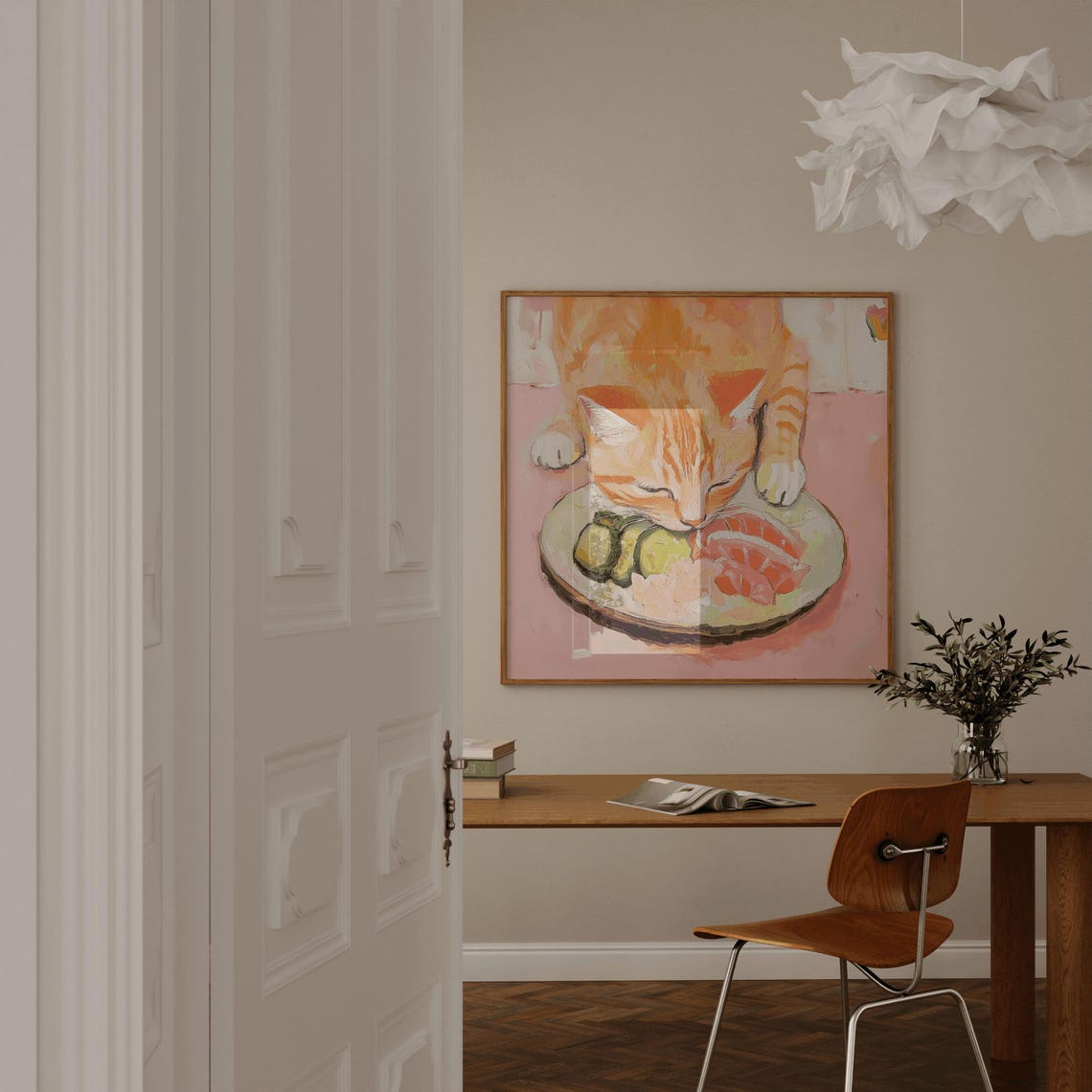 Orange Tabby Cat Dinner Time Eating Plate Food Cute Art Print