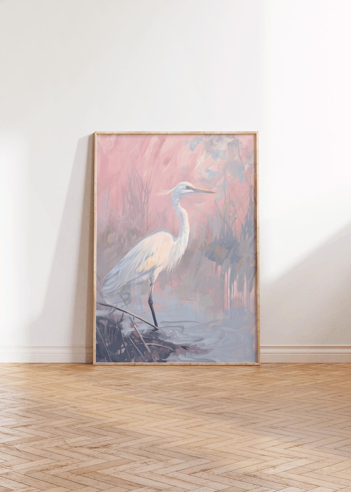 Elegant White Heron Wading At Sunset In Pink Wetlands Poster - Image 3