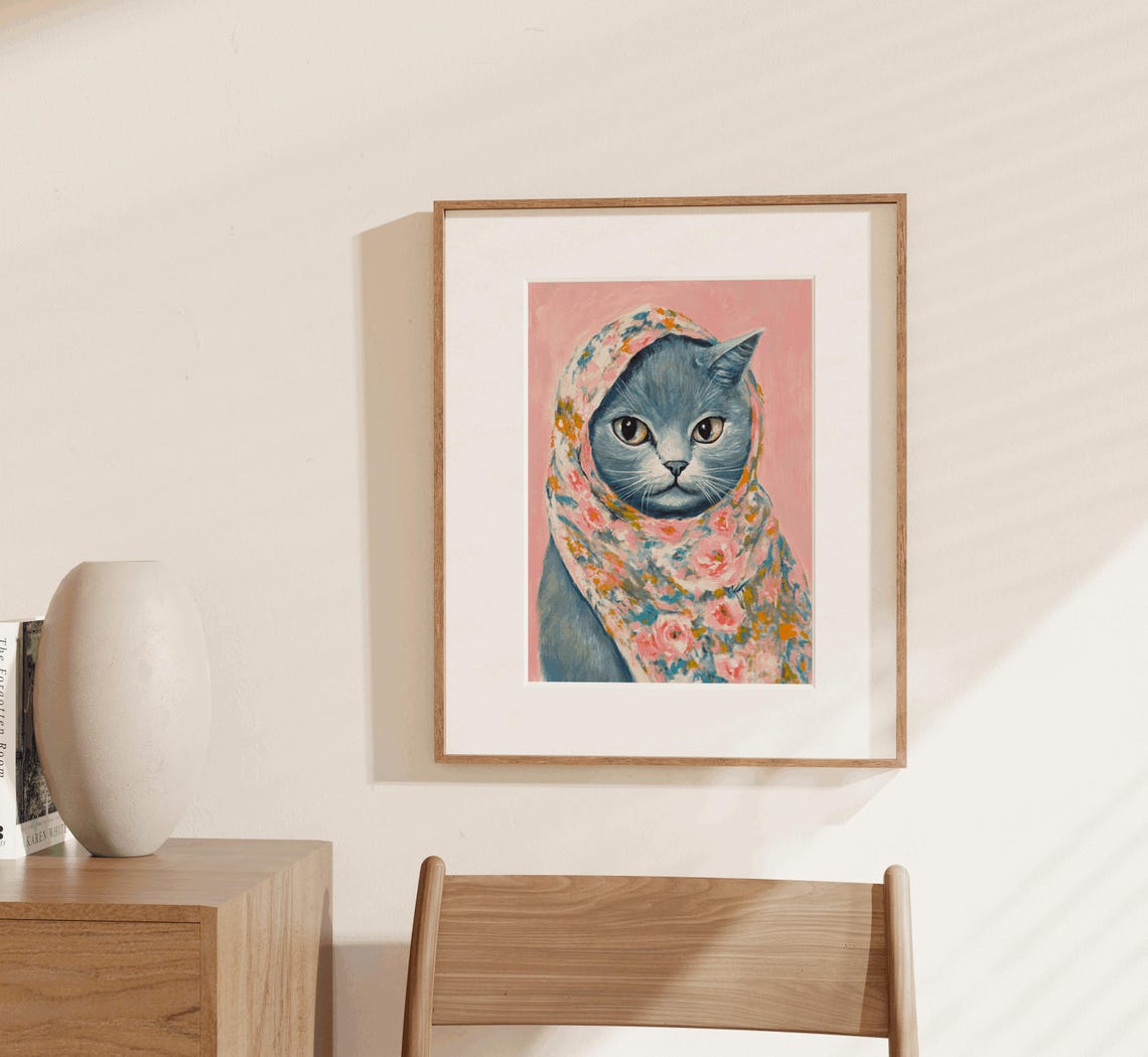 Grey Cat Floral Babushka Headscarf Cute Pink Portrait Poster - Image 3
