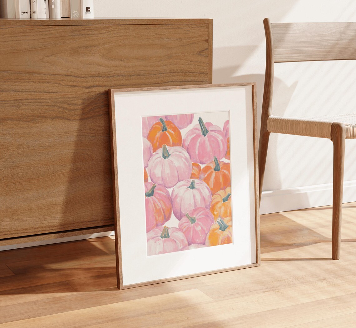 Pink Orange Pumpkins Colorful Watercolor Fall Harvest Autumn Wall Art