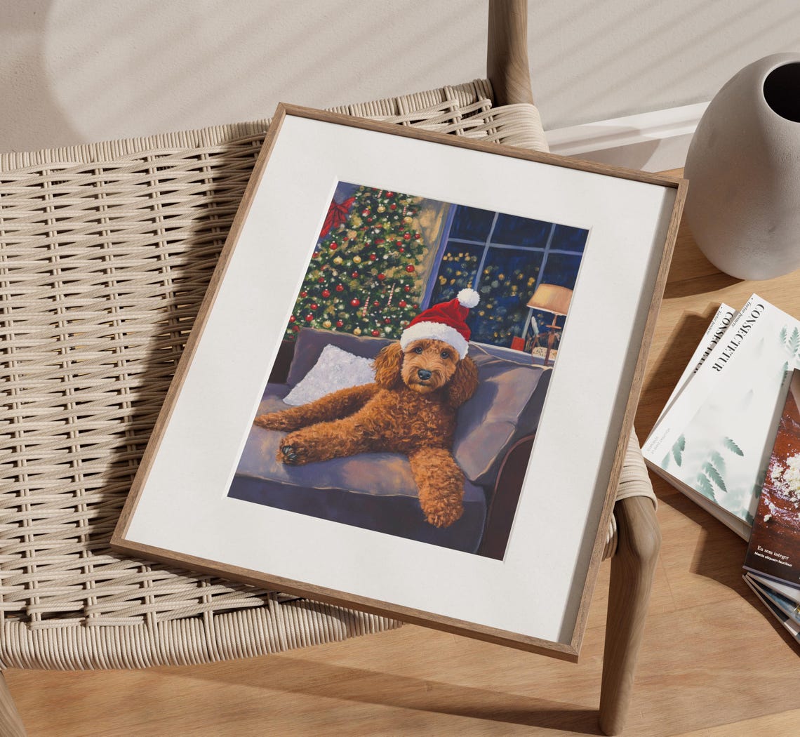 Goldendoodle Xmas Art Christmas Dog Decor Santa Dog Print Vintage Dog Art Goldendoodle Drawing Christmas Poster Golden Poodle Winter - Image 3