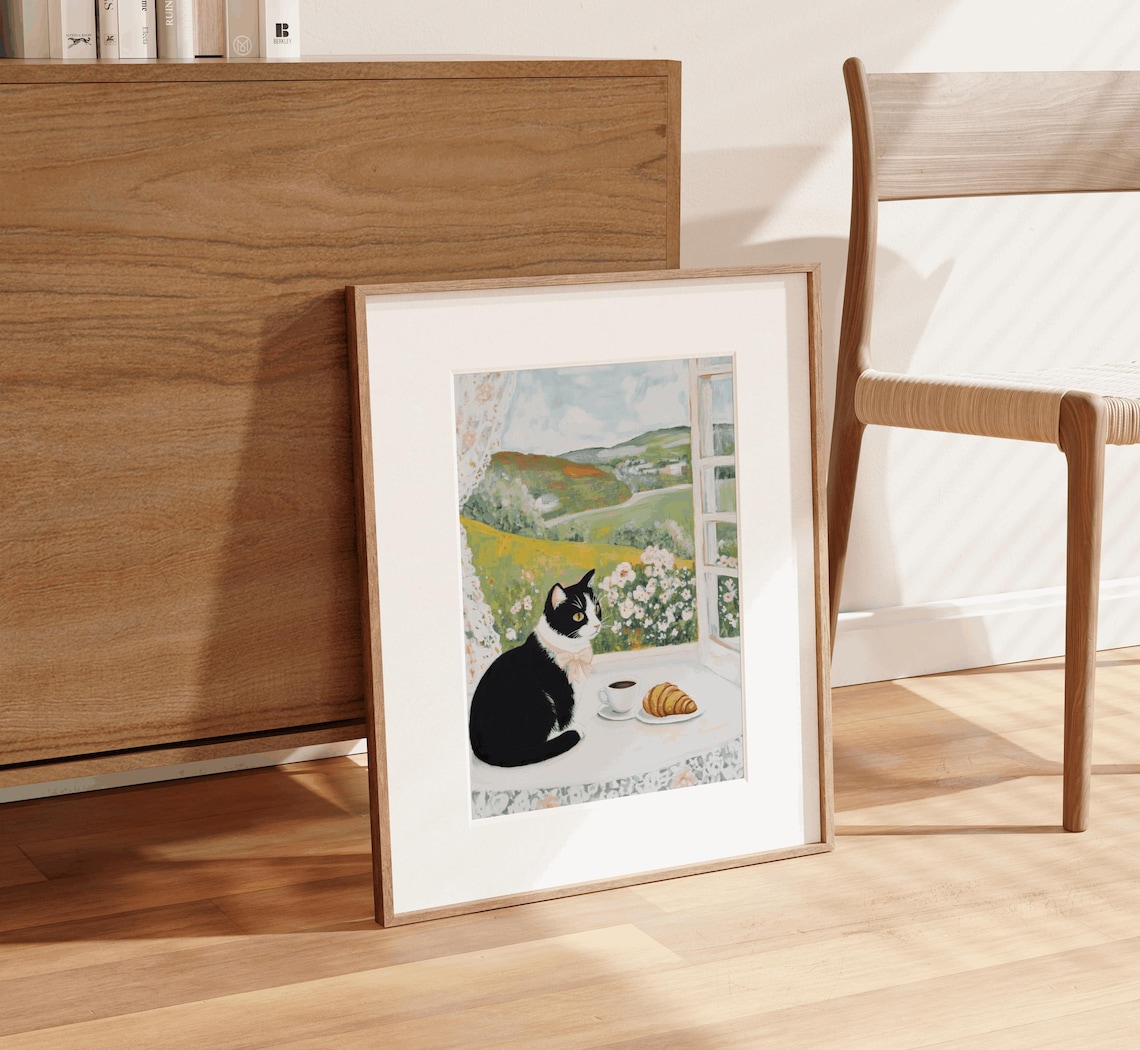 Tuxedo Cat Cafe Art Print, Black And White Cat