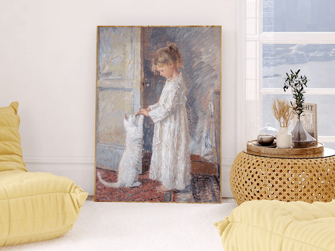 Little Girl White Cat Nursery Wall Art Print Little Kids Room Decor Cute Pastel Vintage Farmhouse Antique Orange Cat - Image 4