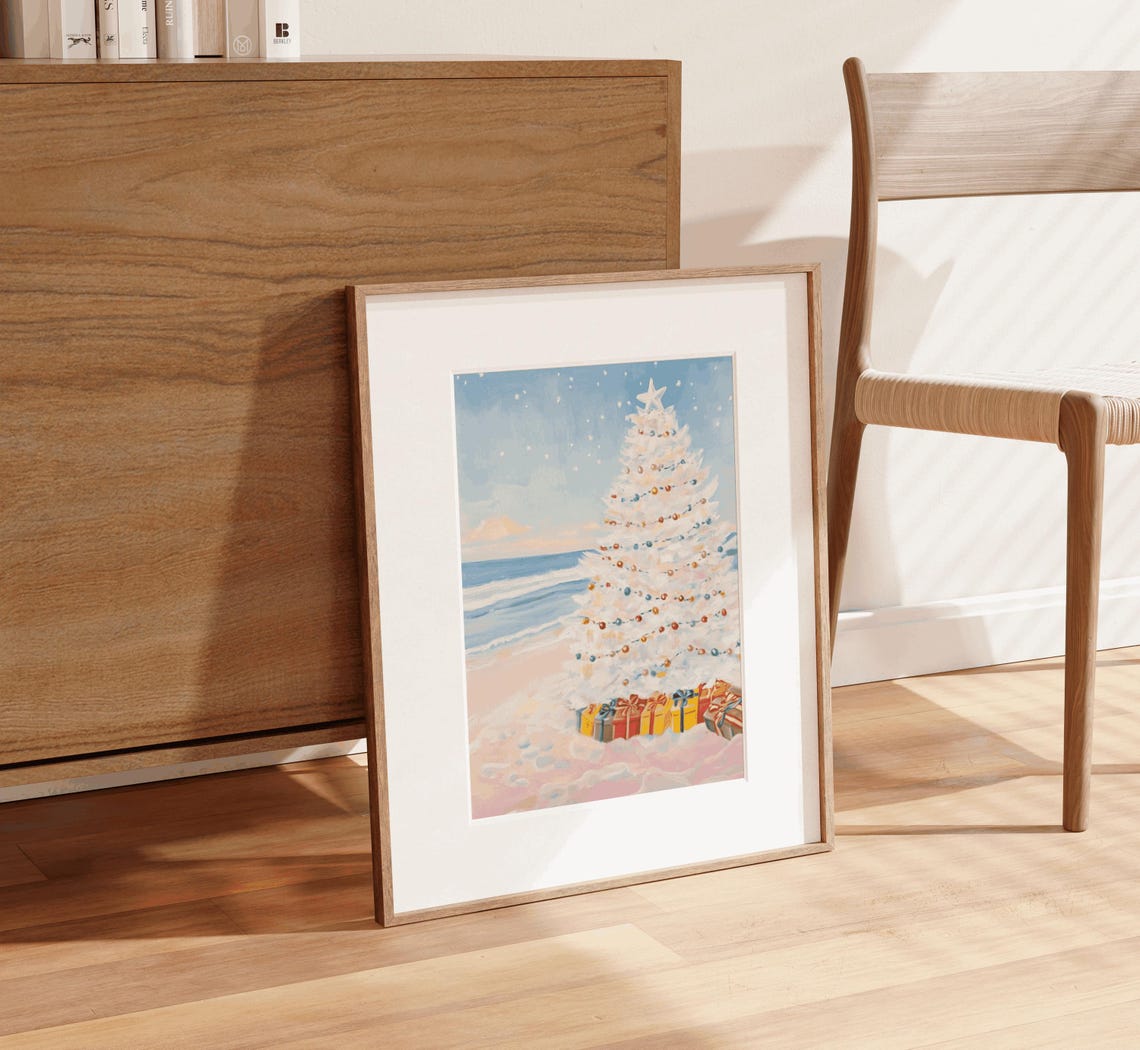 White Christmas Tree Beach Ocean Coastal Holiday Scene Poster - Image 2