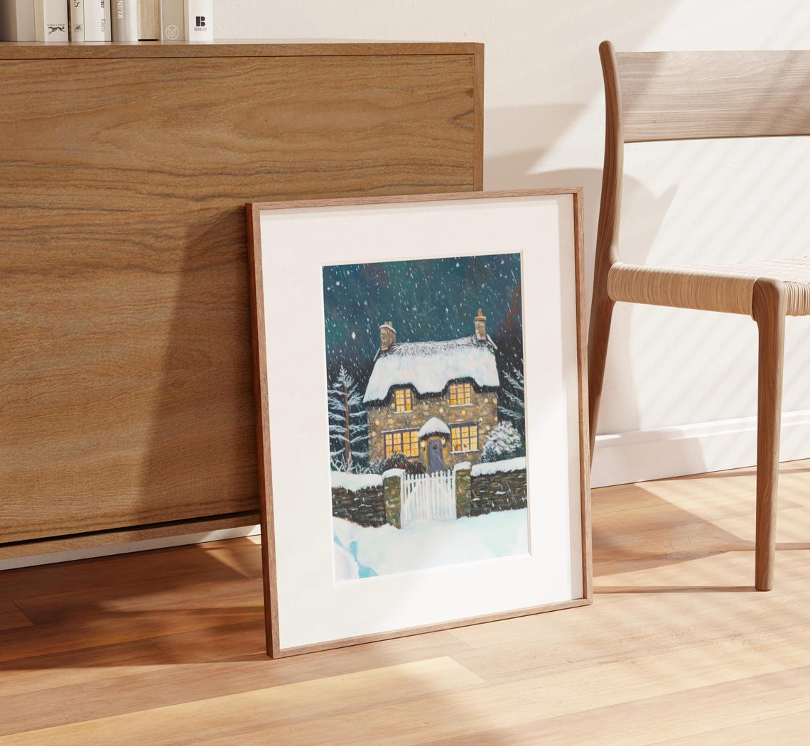 Snowy Stone Cottage with Lit Windows on Winter Night Painting Poster