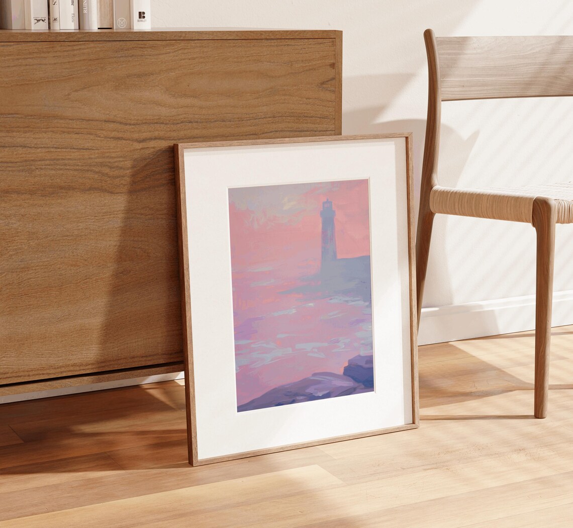 Lighthouse in Pink Fog Over Calm Sea Pastel Coastal Art Print - Image 3
