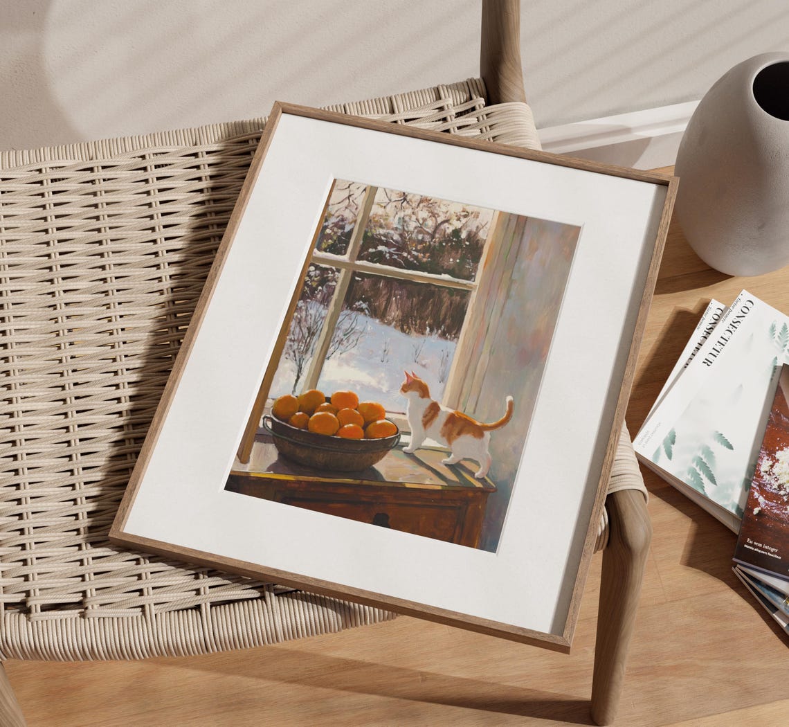 Orange and White Cat on Windowsill with Bowl of Oranges Poster - Image 3