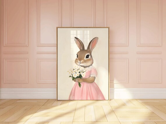 Bunny In Pink Dress Holding Daisies Cute Nursery Rabbit Poster