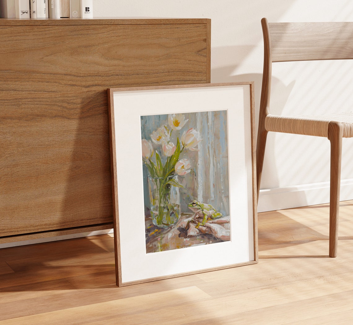 Green Frog and White Tulips Pastel Still Life Painting Art Print - Image 4
