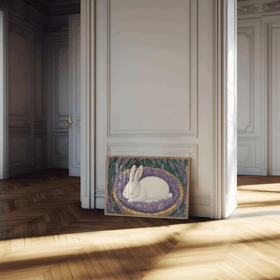 White Rabbit Sleeping Lavender Basket Cottagecore Farmhouse Poster