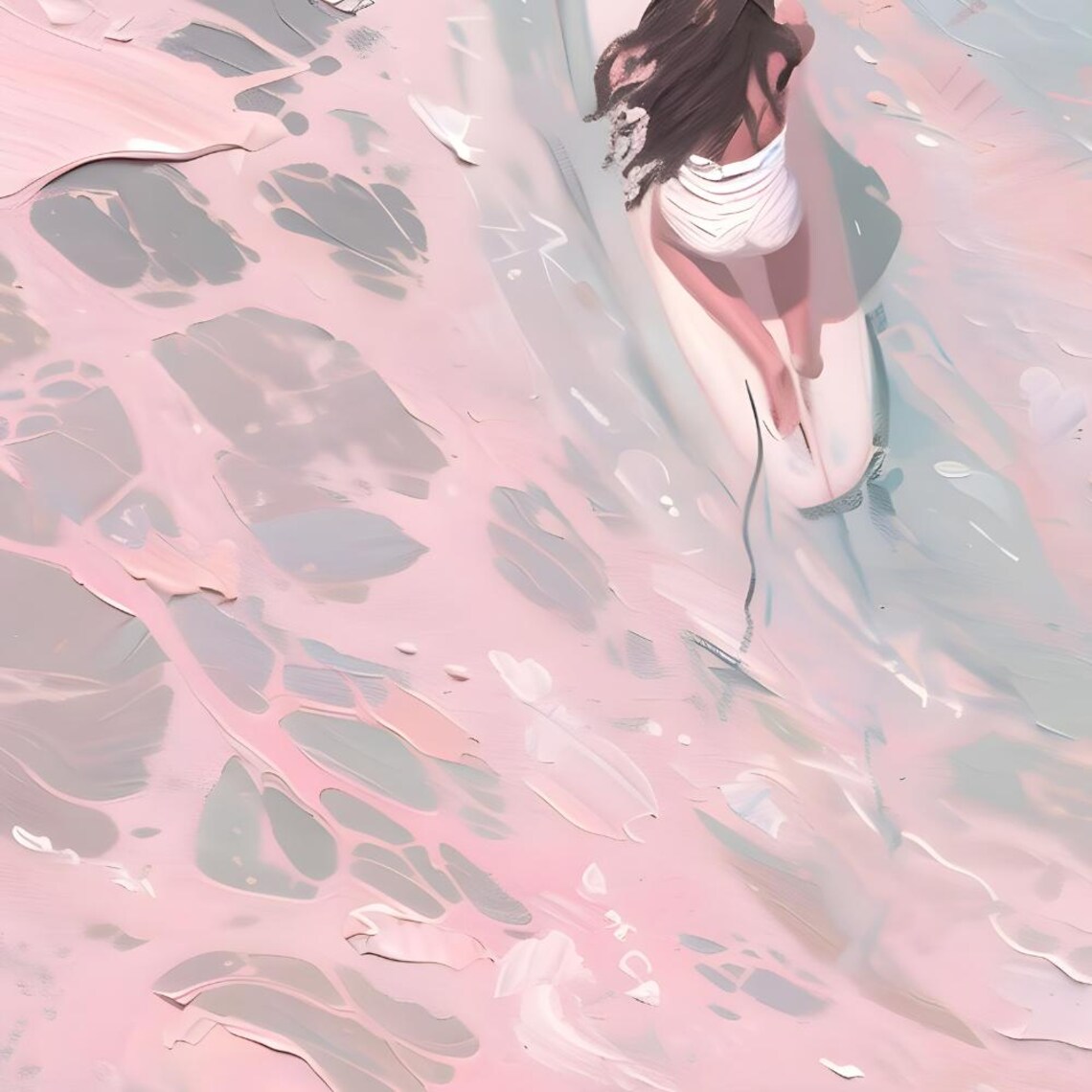 Surfer Girl on Paddleboard in Pink Ocean Aerial Coastal Art Print - Image 2