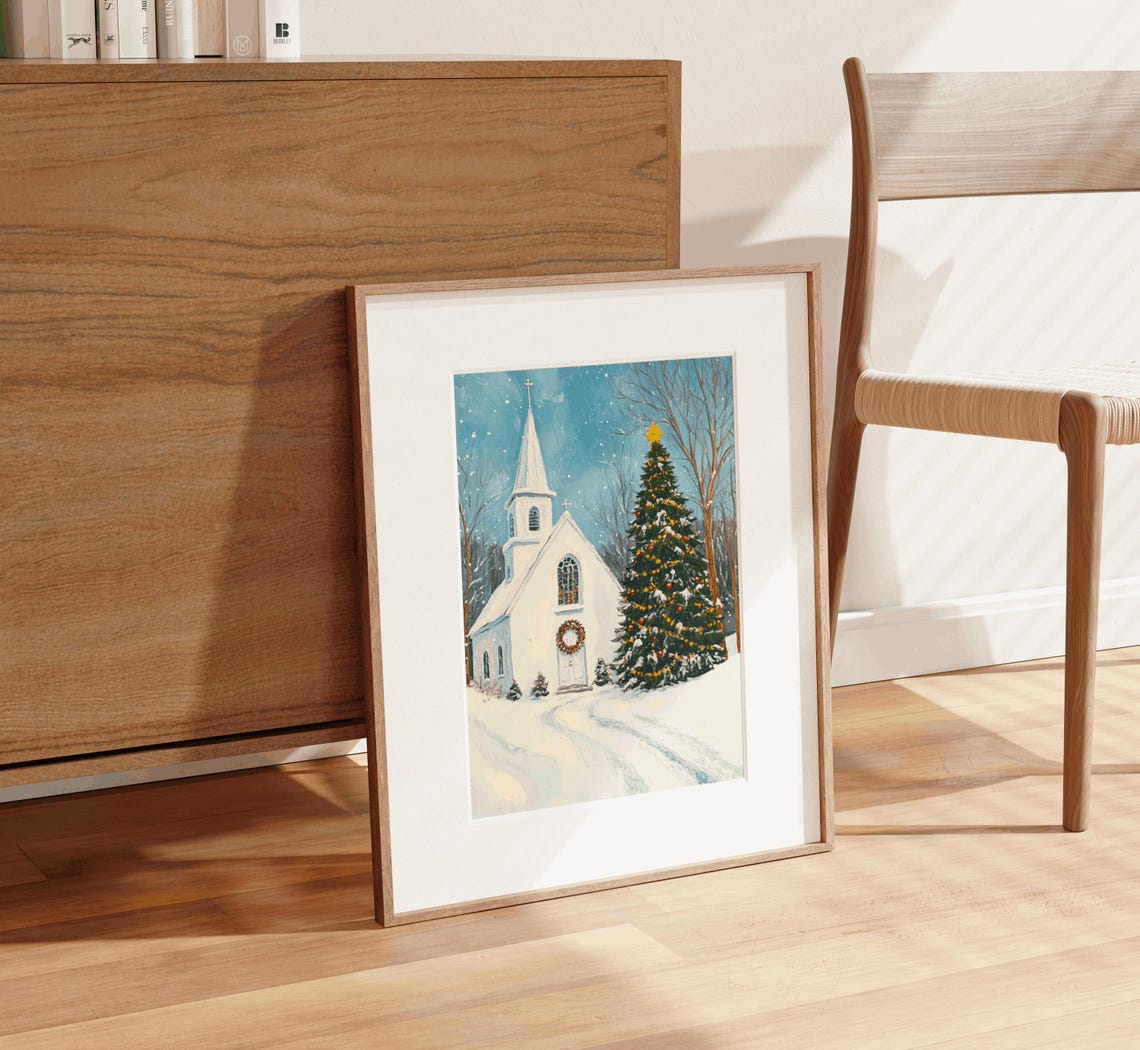 White Church in Snow with Lit Christmas Tree and Wreath Poster - Image 2