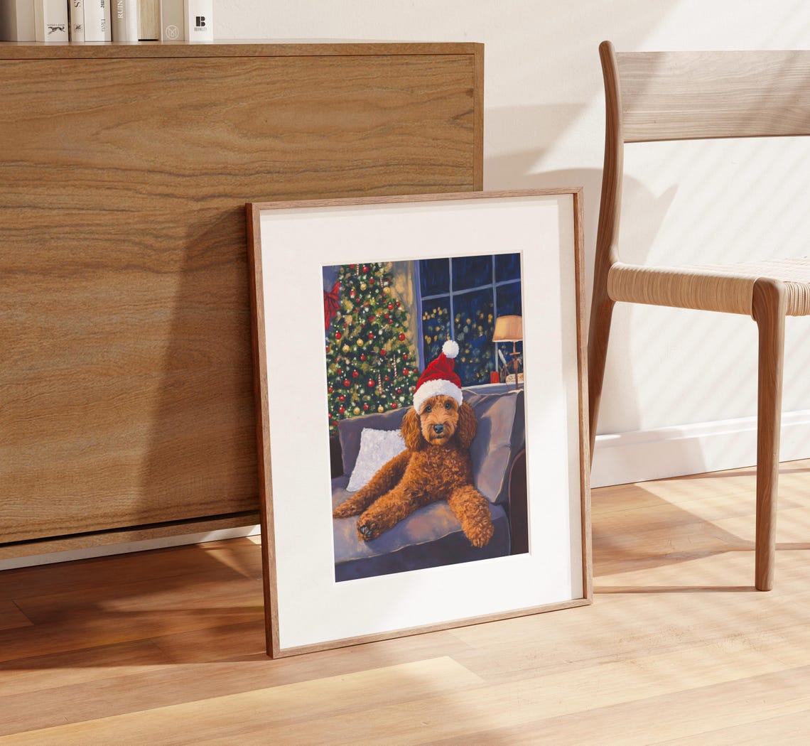 Goldendoodle Xmas Art Christmas Dog Decor Santa Dog Print Vintage Dog Art Goldendoodle Drawing Christmas Poster Golden Poodle Winter - Image 2